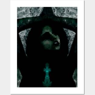 Portrait, digital collage, special processing. Beautiful but dark, like witch, woman. Tale. Dark green. Posters and Art